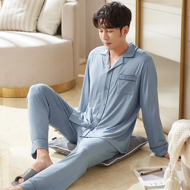 Men Pyjamas Set Modal Spring Autumn Long Sleeve Solid Color Men Pajama Suit Nightwear Lapel Collar Pijama Male Sleepwear 3XL