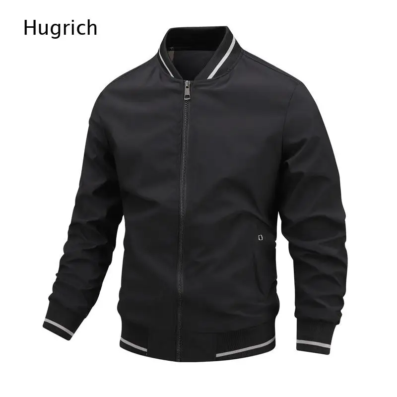 Black Single White Strip Rib Collar Bomber Jacket Men Spring Autumn Slim Fit Light Zip Up Streetwear Windbreaker Coat