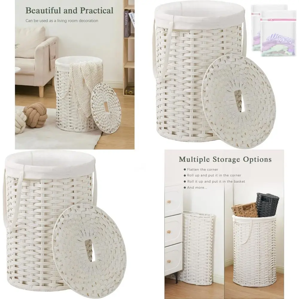 

Круглая плетеная корзина для белья с крышкой, вместимость 19 галлонов, съемным вкладышем и 2 сетчатыми мешками, идеально подходит для домашней организации белого цвета