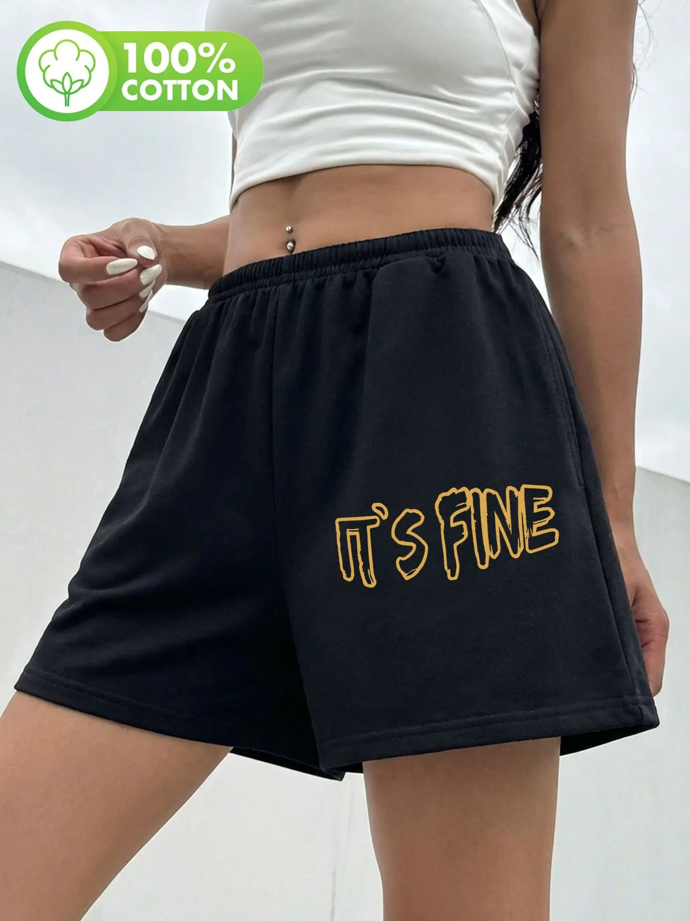 

Женские повседневные шорты с индивидуальным дизайном IT'S FINE, с граффити-принтом, из чистого хлопка, свободного кроя, с высокой талией, универсальные