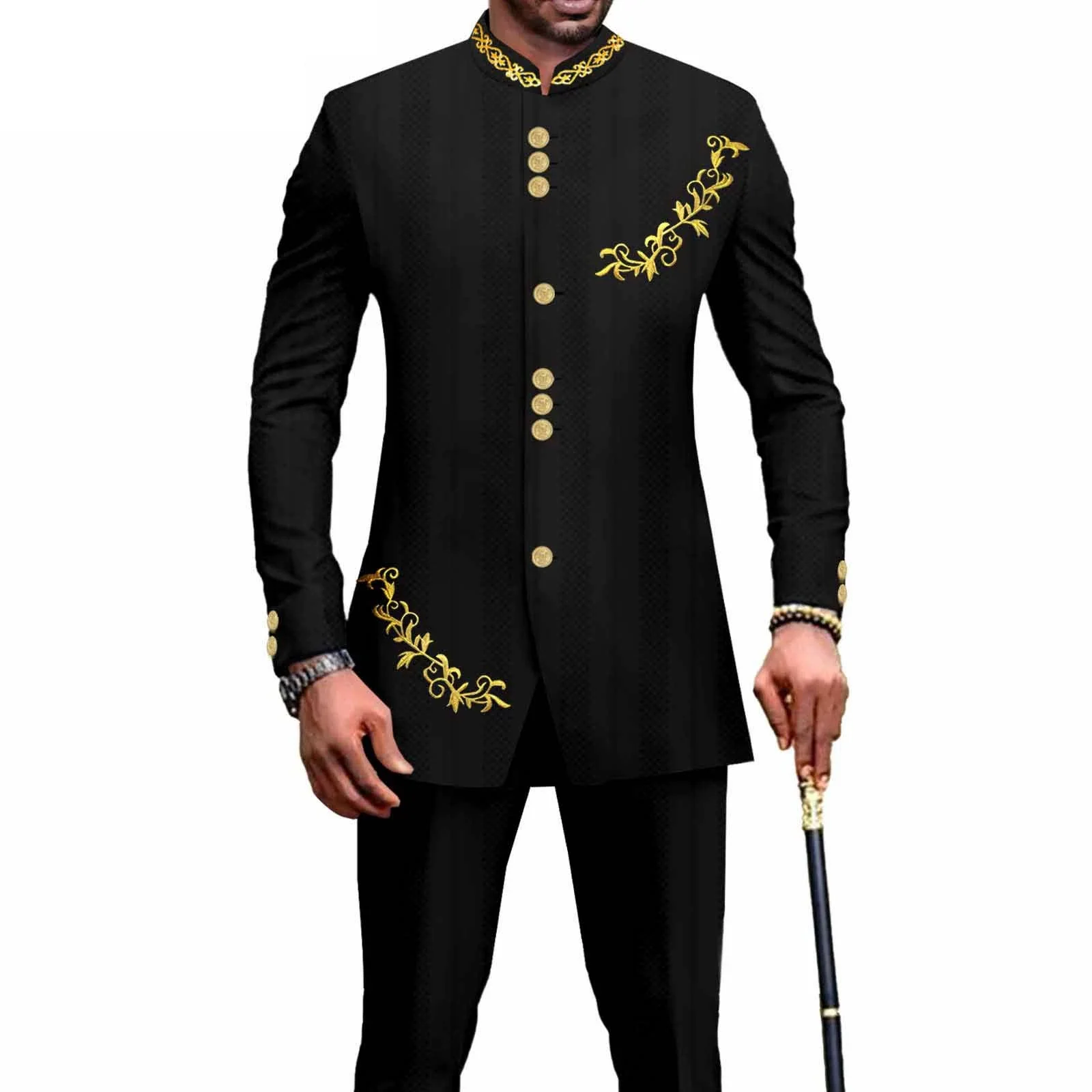African Clothes for Men Suit 2 Piece Set Blazer Embroidery Jacket Pants Dashiki Traditional Wedding Slim Fit Business A2316059