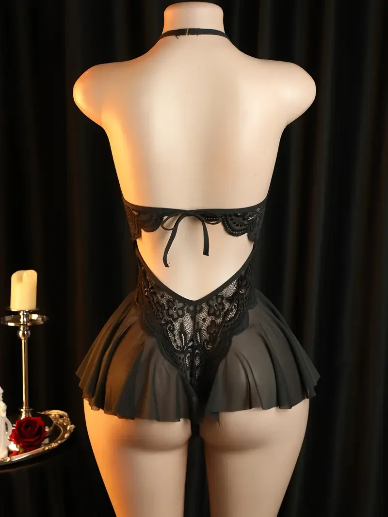 

Babydooll Woman Black Nightgowns Transparent Sleeveless Deep V Lingeries Sexy Hot Women Lace See Through Nightdress Sleepwear