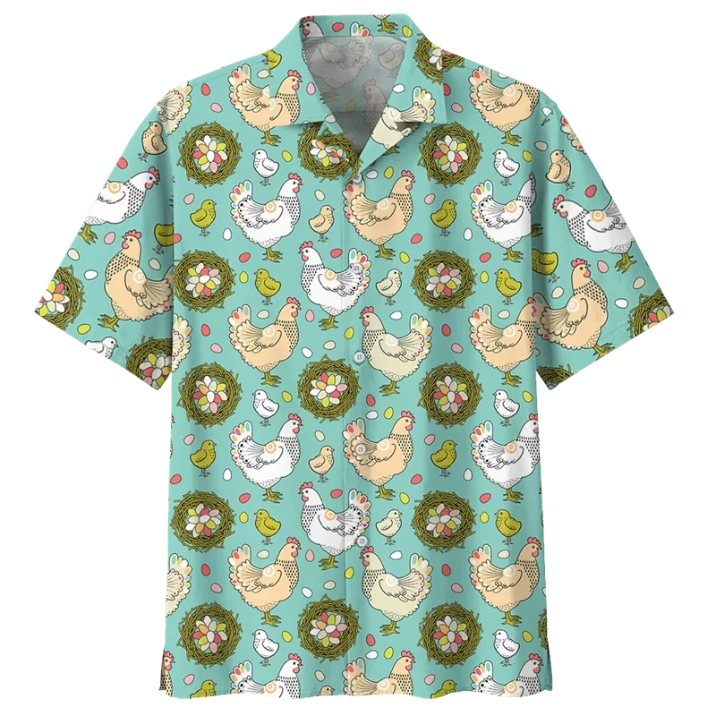 Vintage Huhn Muster Hawaii Hemd für Männer 3d gedruckt Tier Hahn kurze Ärmel Revers Hemden Sommer Straße Knopf Blusen