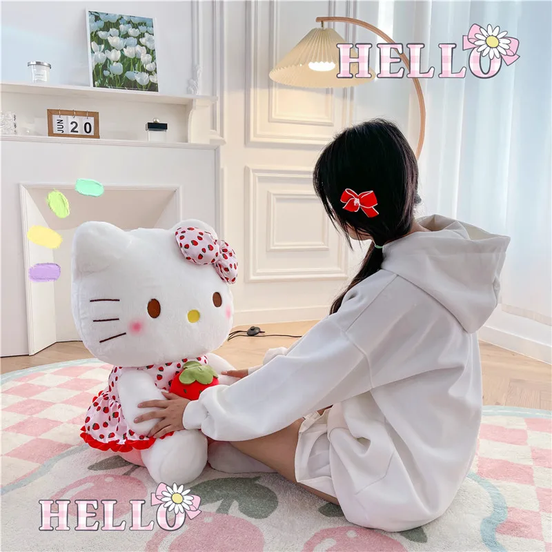 Sanrio Hellokitty Cartoon Cat Cute Strawberry Bow Stuffed Toy Bed Throw Pillow Decoration Doll Doll Children Birthday Gift Girl