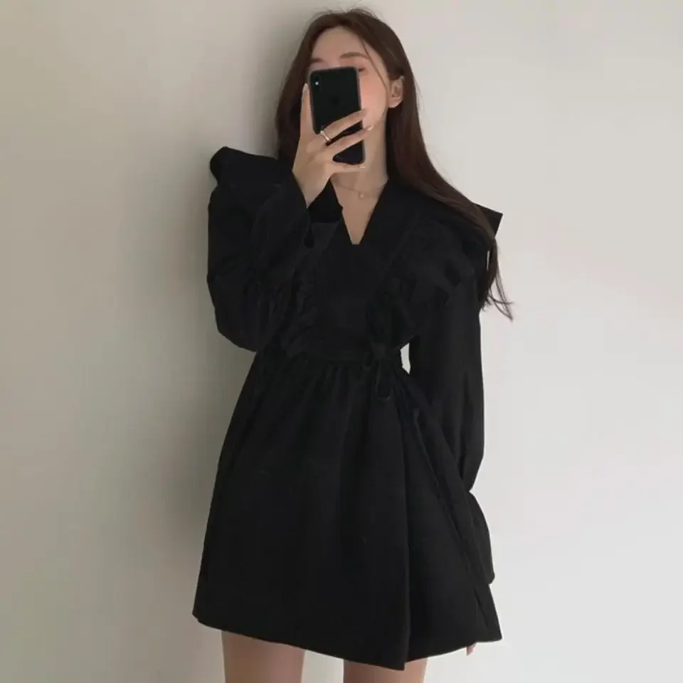 Dresses for Women 2023 Spring Short Mini Clothes Ruffle Woman Dress Long Sleeve Outfits Summer Cheap Casual Retro