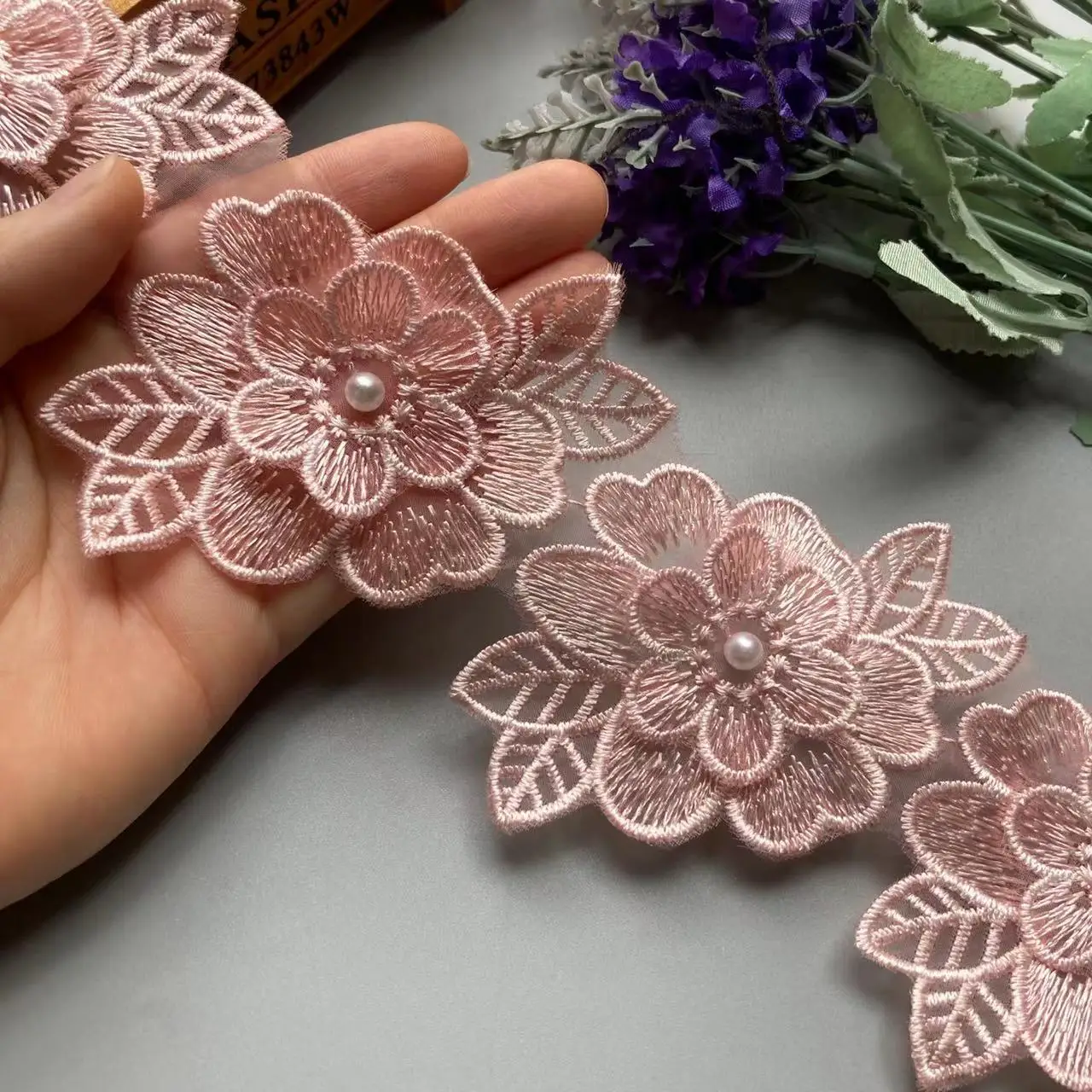 10x Pearl Flower Double Layer Wings Embroidered Lace Trim Knitting Ribbon Floral Applique Patches Dress Fabric Sewing Craft 9cm