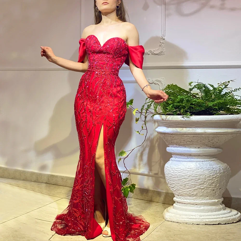 

Винтажное вечернее платье-русалка с боковым разрезом, открытыми плечами и шлейфом, роскошное праздничное платье на заказ для женщин, с застежкой-молнией сзади, Vestidos De Noche