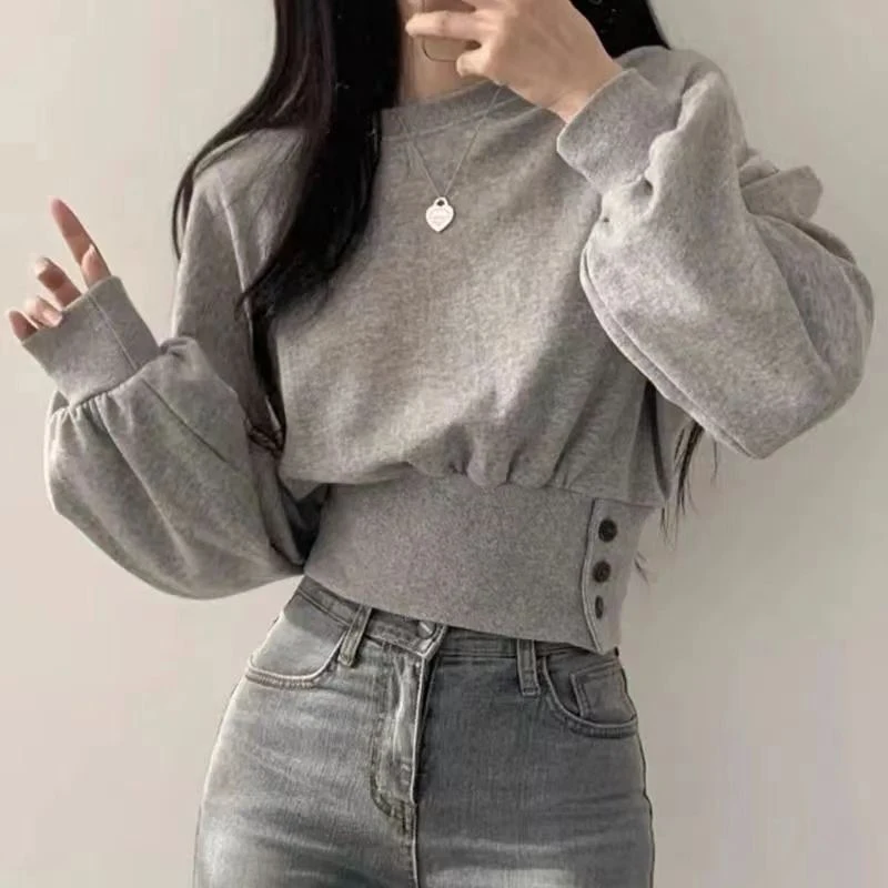 Autumn Women Solid O-Neck Slim Crop Top Lantern Sleeve With Button  Sweat Casual Hip-Hop Sporty Pullover Sweet Chic Street Wear