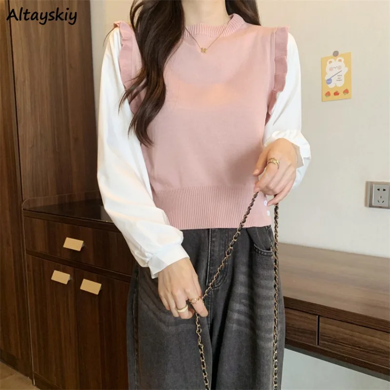 

Pullovers Women Autumn Fake Two Pieces Korean Style Tender Cozy Lovely Designs Patchwork All-match Streetwear Basic Chic Ins BF