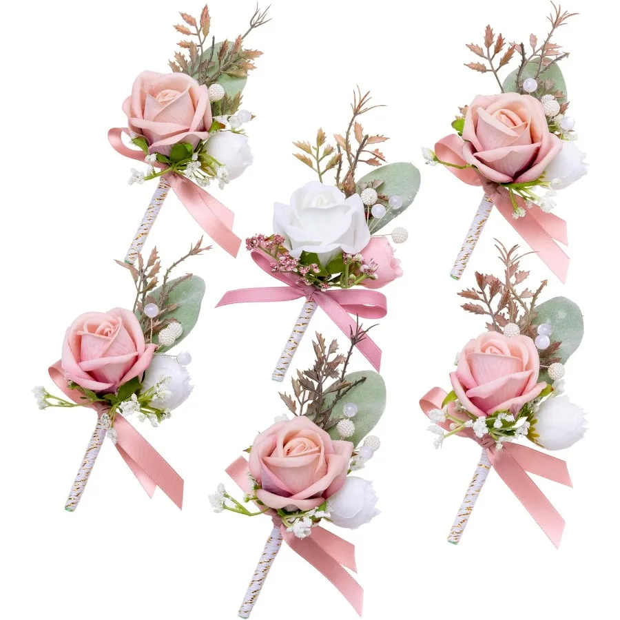 Boutonniere rosa para homens, 6 peças de flores artificiais para casamento, baile, evento de baile, detalhes florais elegantes e duráveis para groo