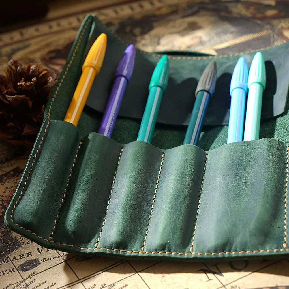 

Vintage Retro Olive Green Pen Pouch Roll Handmade Pen Case Holder for Fountain Rollerball Ballpoint Pens