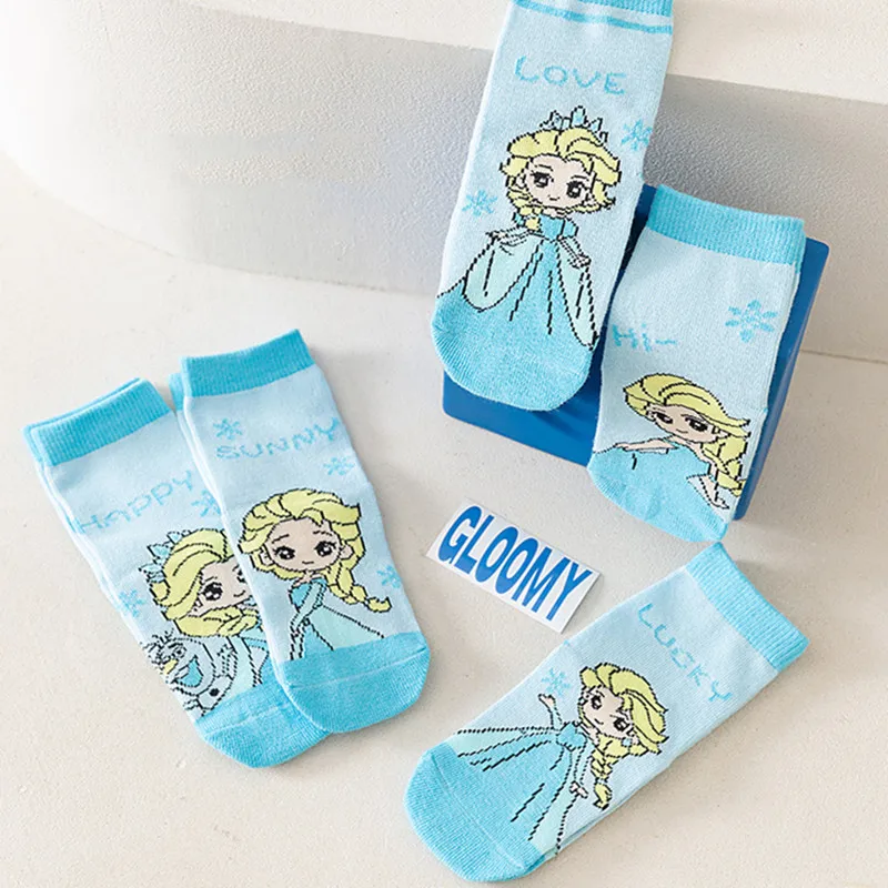 5 paia di calzini Disney Anime Frozen Calzini per bambini in cotone blu Elsa Kawaii 1-12 anni Calzini per ragazza principessa Regali per bambini