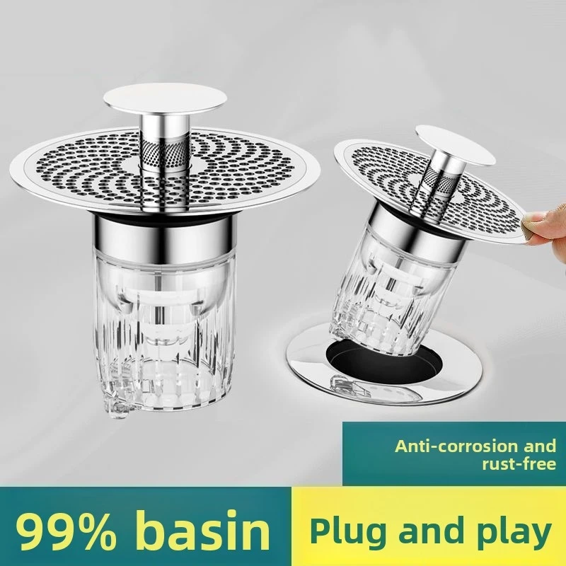 Washbasin leak-proof plug, press-type pop-up core drain accessory, anti-clog, anti-odor filter net