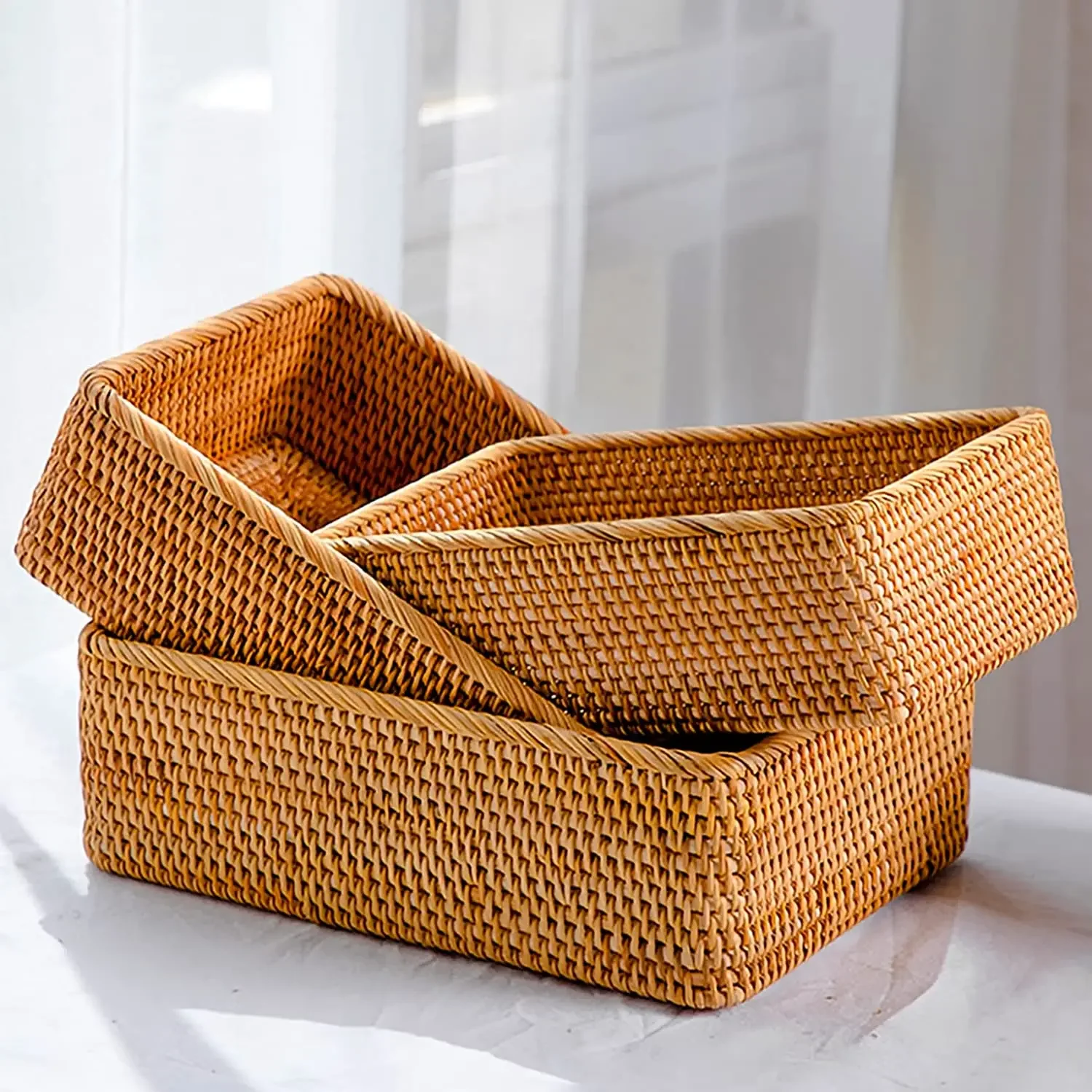 3 Sizes Rectangular Rattan Storage Baskets, Handmade Woven Nesting Wicker Baskets for Decor, Fruit Tray and Snack Storage Box