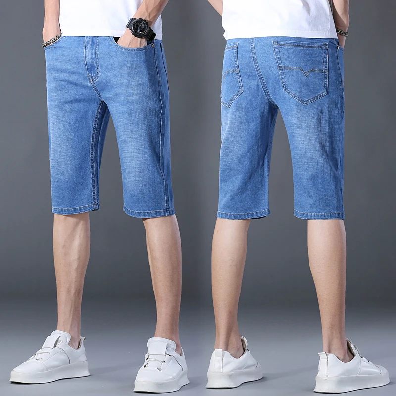 2024 Mens Casual Denim Shorts Cotton Elastic Straight Hight Quality Knee Length Jeans Classic Vintage Fashion Blue Short Jeans