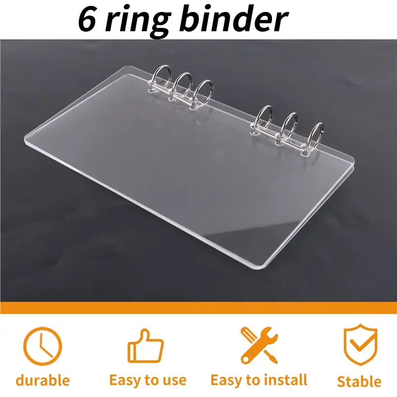AC57-A6 Binder 6-Ring Clear Acrylic Binder Notebook Cover A6 Planner Budget Binder Loose Leaf Folders Office Supplies