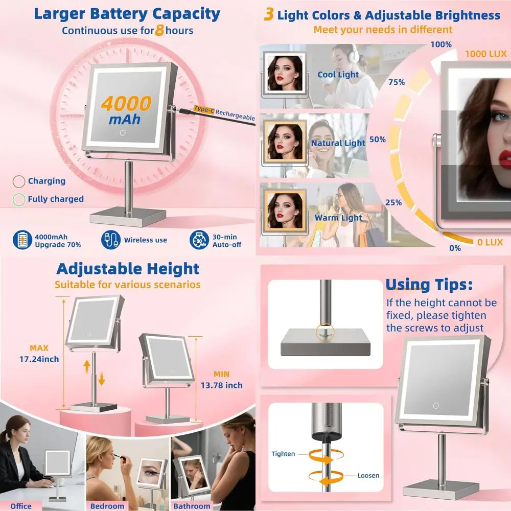 مرآة زينة LED قابلة للتعديل مع بطارية 4000 مللي أمبير في الساعة، تكبير 1X/10X، 3 خيارات إضاءة ألوان، قابلة للإمالة، 360 درجة ° دوران، #1