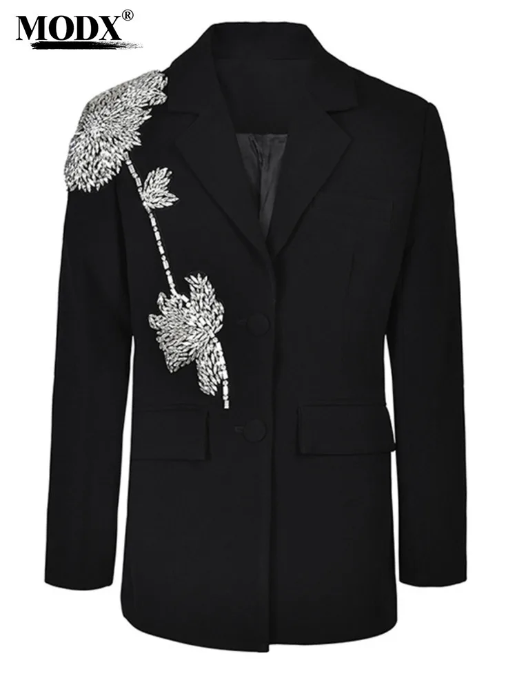 

[MODX] Rhinestones Flower Elegant Blazer Women New Lapel Long Sleeve Loose Fit Jacket Fashion Tide Spring Autumn 2024