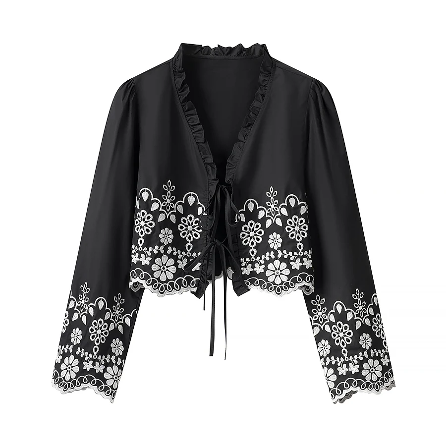 Spring New Women's Faion Design Embroidered Cotton Hollow out Top Loose Fit Long Sve V-Ne ort Length Open Cardigan