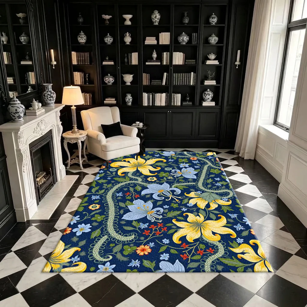 Bright Blue Berry Floral Carpet, Vibrant Blue Fruit Floral Print Floor Carpet for Room Decoration