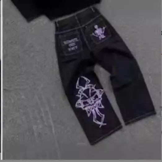 Hot sell fully embroidered skull cotton casual pants mens straight leg pants trendy casual jeans streetwear retro men clothing