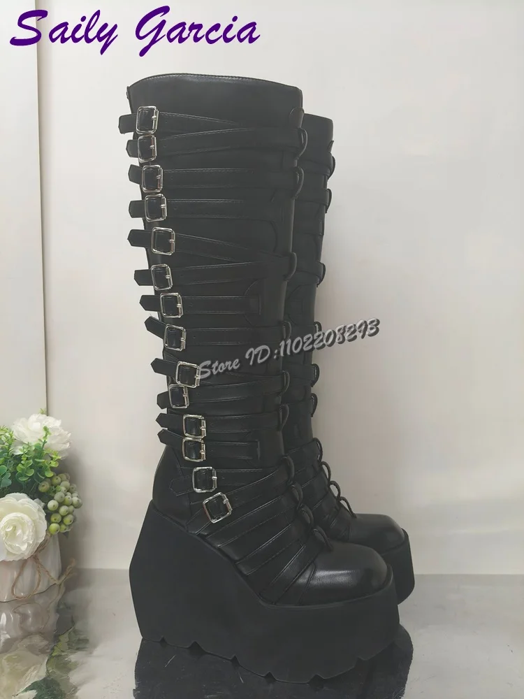 فاسق حزام مشبك منصة دراجة نارية الأحذية ساحة تو الظلام سميكة وحيد الساخن فتاة الركبة عالية الأحذية 2025 Y2K النساء الأحذية الحديثة الجديدة