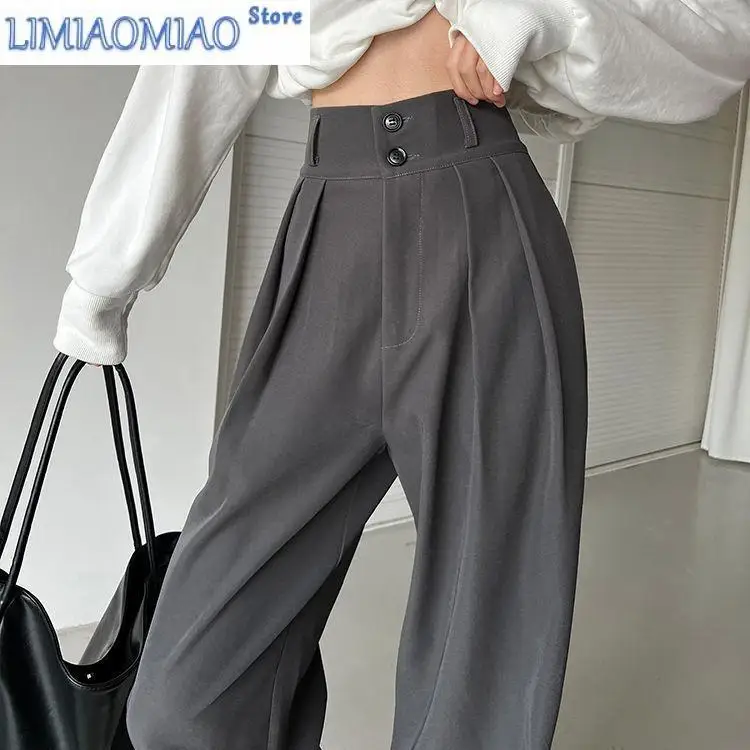 Black Suit Pants for Women Korean 2 Buttons Wide Leg Trousers Vintage Streetwear High Fashion Office Ladies Work Bottoms