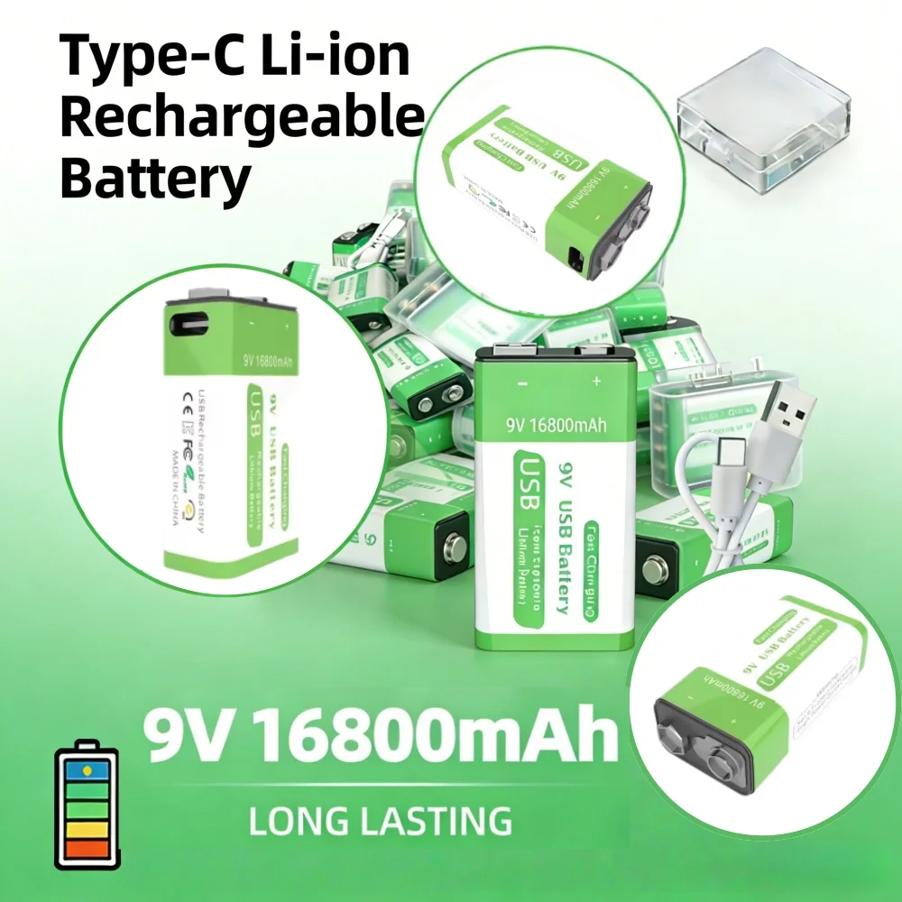 

High Capacity 16800mAh 9V Li-ion Rechargeable Battery Long Lasting Power for Electronic Devices Microphone Gear
