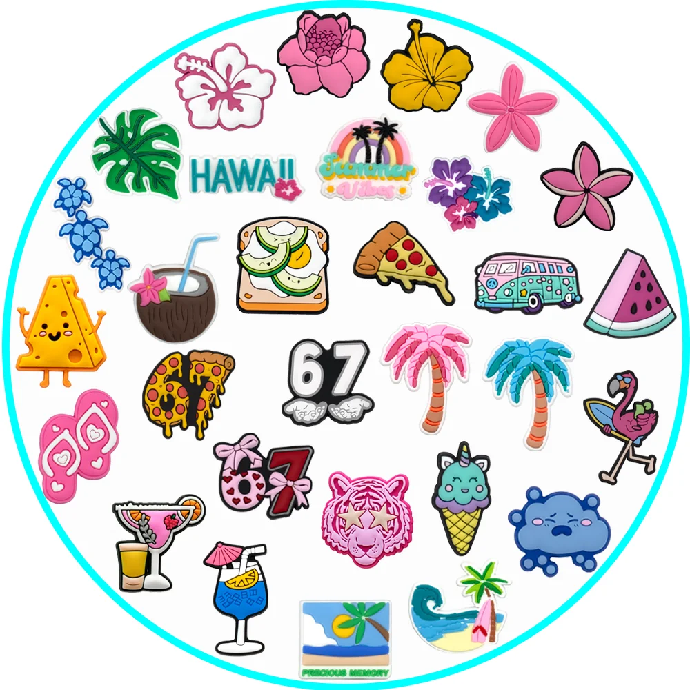 1/30-PCS Summer Casual Style Shoe Charm,Coconut Flower Pin for Sandals Decoration,Pizza Cheese Clogs Buckle Shoe Accessories,