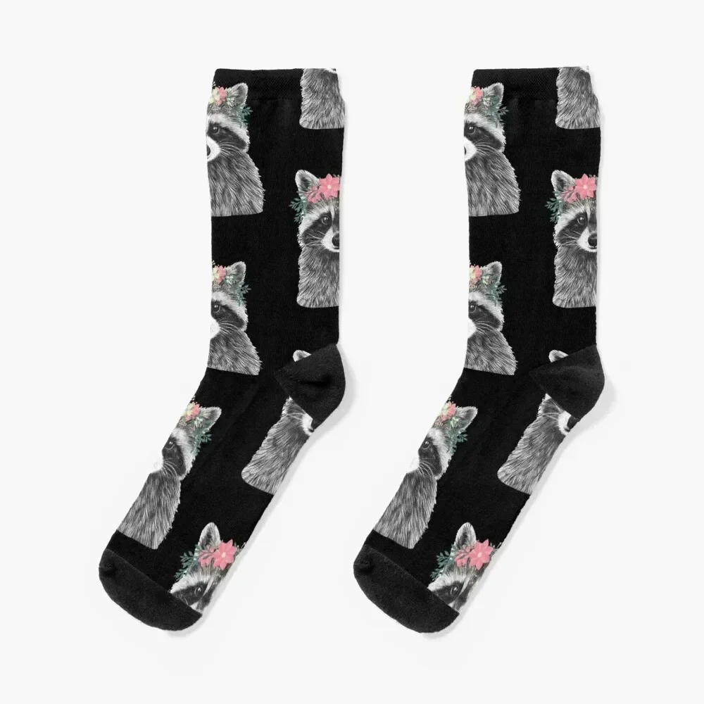 

Raccoon Floral Crown Flowers Funny Cute Animal Raccoon Gift Socks Novelties floral cycling shoes Mens Socks Women's