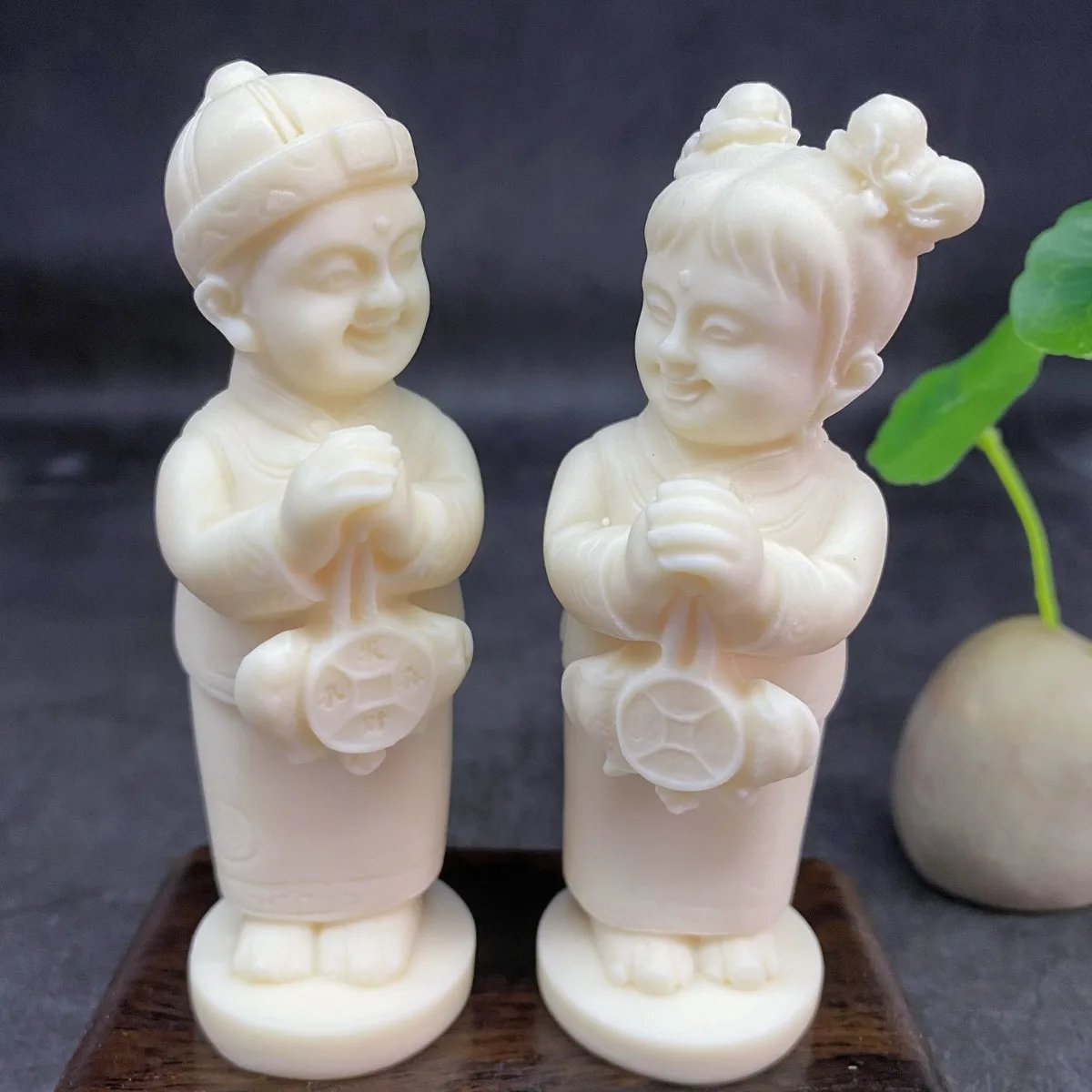 Ivory Nut Carved Golden Boy Jade Girl Gilded Guanyin Statue Peace Blessing Craft Ornament Auspicious Home Table Decor