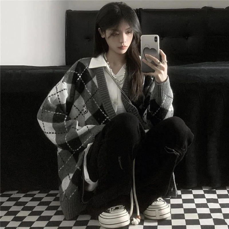 Argyle Sweater Cardigan Oversize Korean Fashion Women Preppy Style Plaid Knitted Jumper Button Up Cute Female Basic Jackets 2022