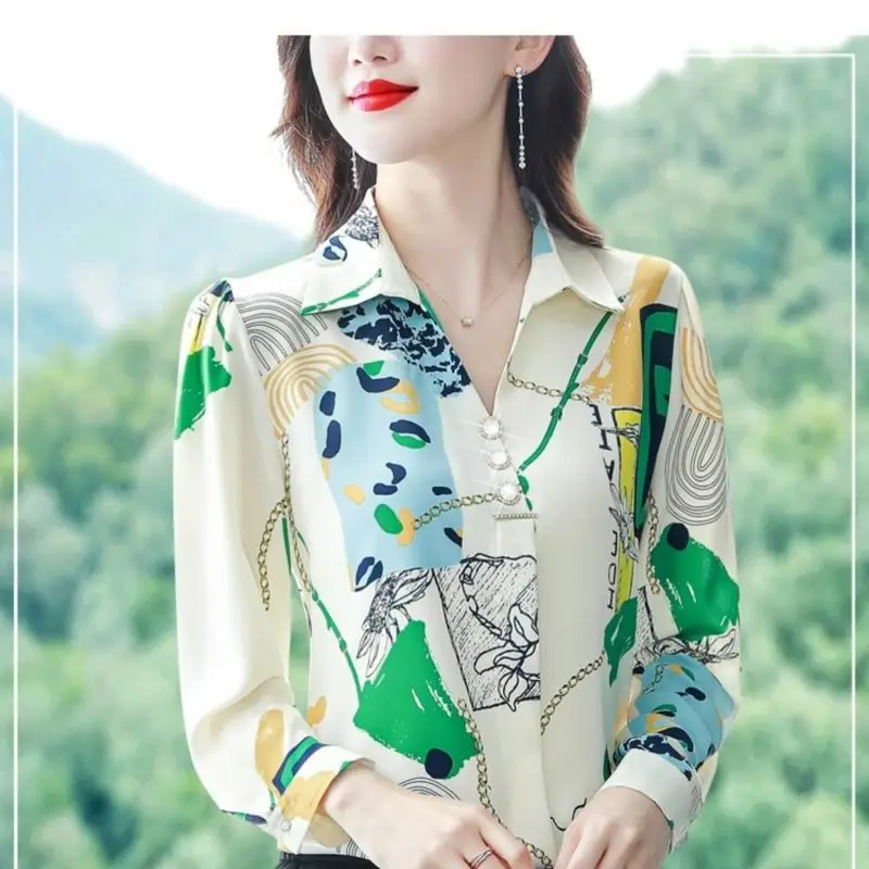 2023 Spring and Autumn Women\'s Polo Collar Long Sleeve Chiffon Printing Loose Button Fashion Casual Formal Elegant Tops