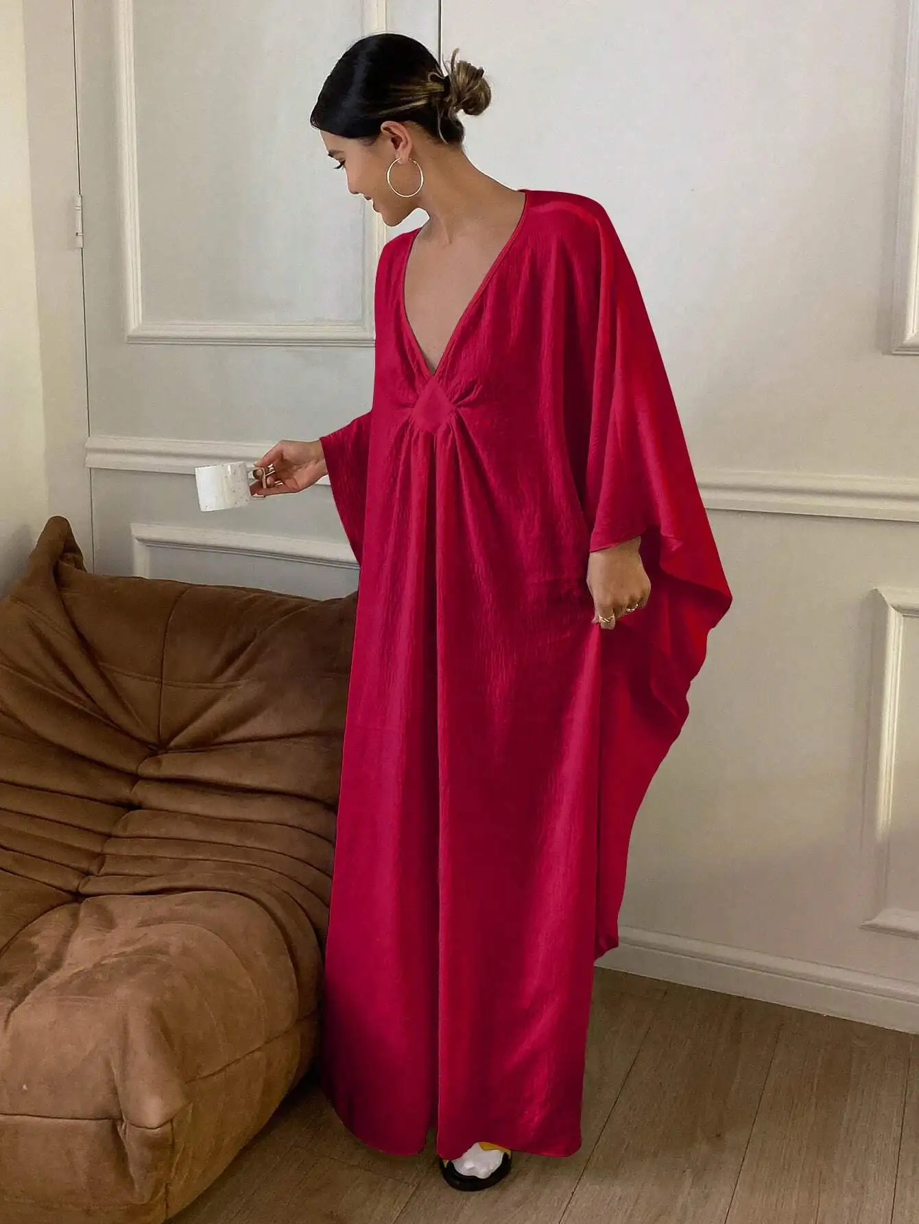 

Vintage V-Neck Long Kaftan Dress for Women, Cozy Lounge & Sleepwear, Fall Winter Homewear