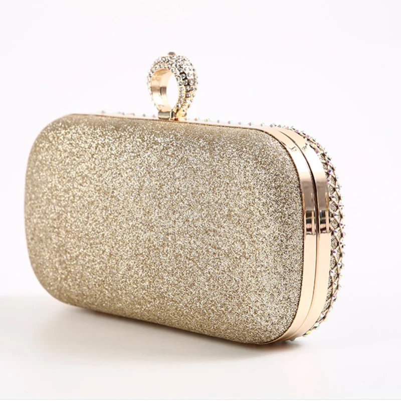 Gold Rhinestone Clutch Handbag with Crystal Diamond Ring Clasp Luxury Bride Bridesmaid Wedding Party Formal Purses Shoulder Bag