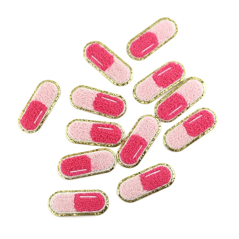 Pink Pill Gold Edge Cloth Towel Embroidered Patches Gritt Iron on Badge Chapter Chenille Gold Glitter DIY Bag Clothing Stickers