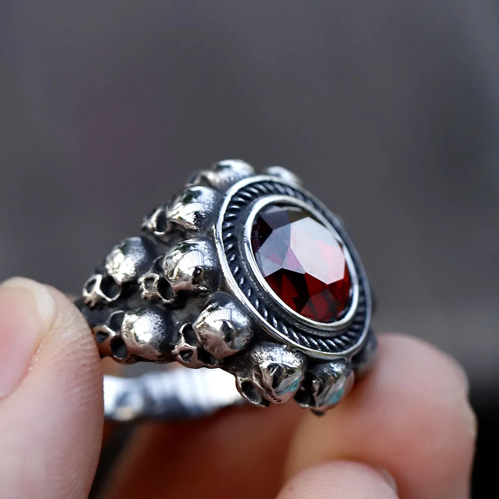 2022 NEW Men\'s 316L stainless-steel rings Skull Head witth Red zircon ring Vintage gothic punk Jewelry Gifts free shipping