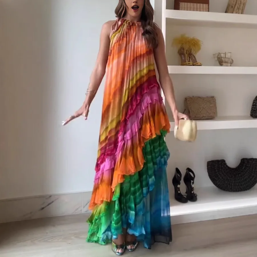 ผู้หญิงฤดูใบไม้ผลิฤดูร้อนใหม่ Halter คอสีพิมพ์ชุดชีฟองหลวมข้อเท้าความยาวชุด