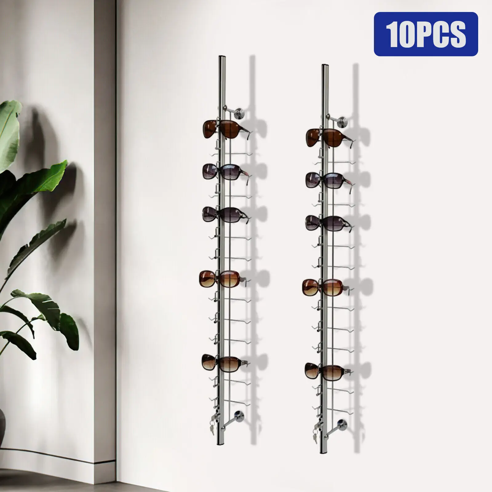 

10 Pcs Aluminium Lockable Eyewear Sunglasses Eyeglasses Display Rod Storage Holder For 14 Frame Wall-Mounted