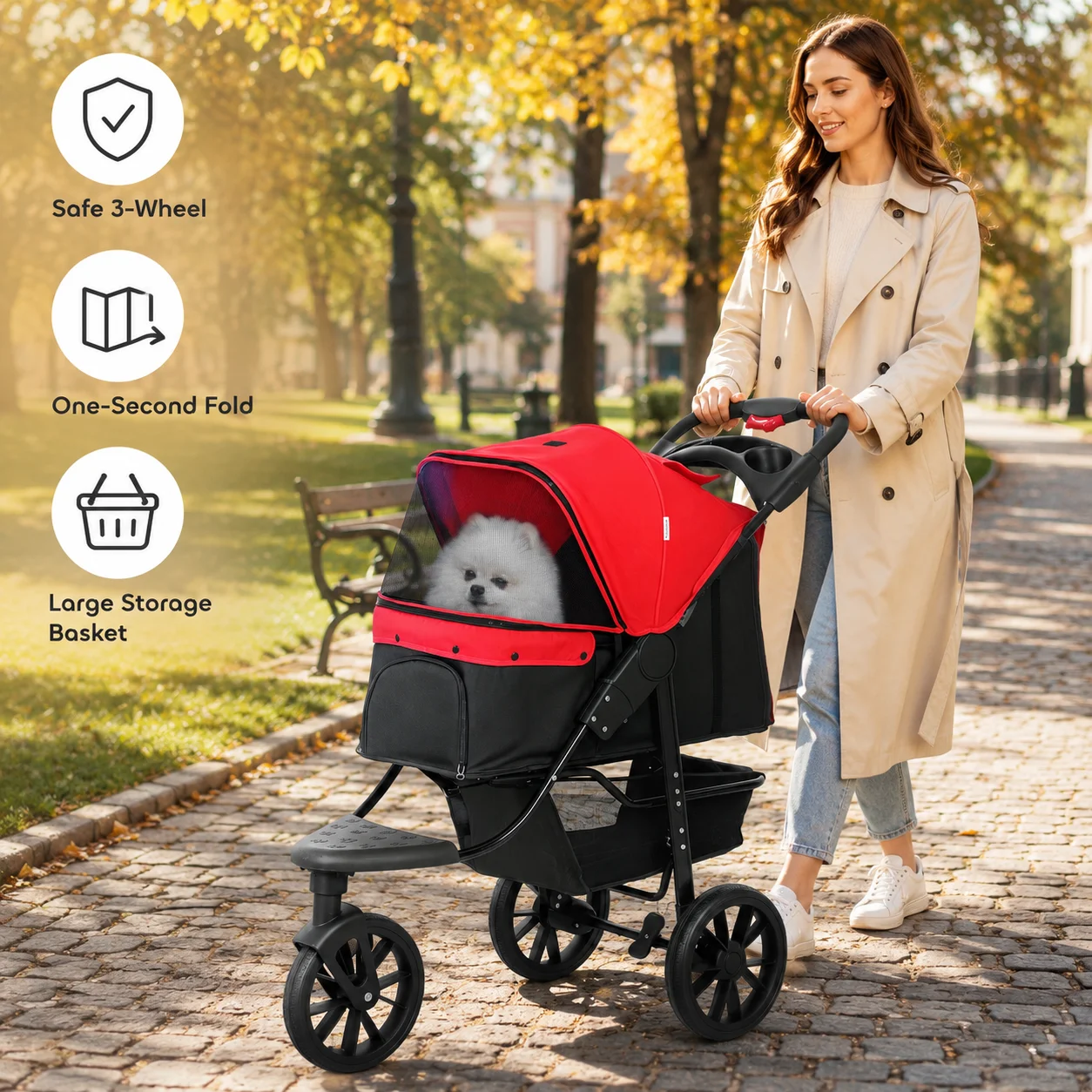 Poussette pliable pour chien, chariot pour animaux de compagnie pour petits chiens jusqu'à 10 kg, design à 3 roues avec fenêtres en maille, porte-gobelet et panier de rangement, 109,5x57,5x106,5 cm, rouge