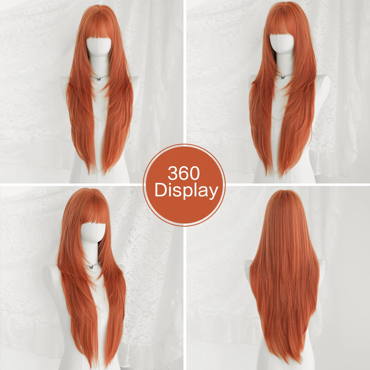 7JHH WIGS Long Straight Layered Orange Wig for Women Synthetic Modest Fashion Wear and Go Ginger Wigs with Neat Bangs - view 5
