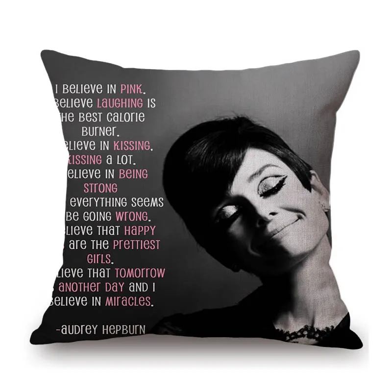 Vintage Black White Movie Poster Audrey Hepburn Portrait Art Quotes Cinema Lobby Decoration Pillow Case Linen Car Cushion Cover