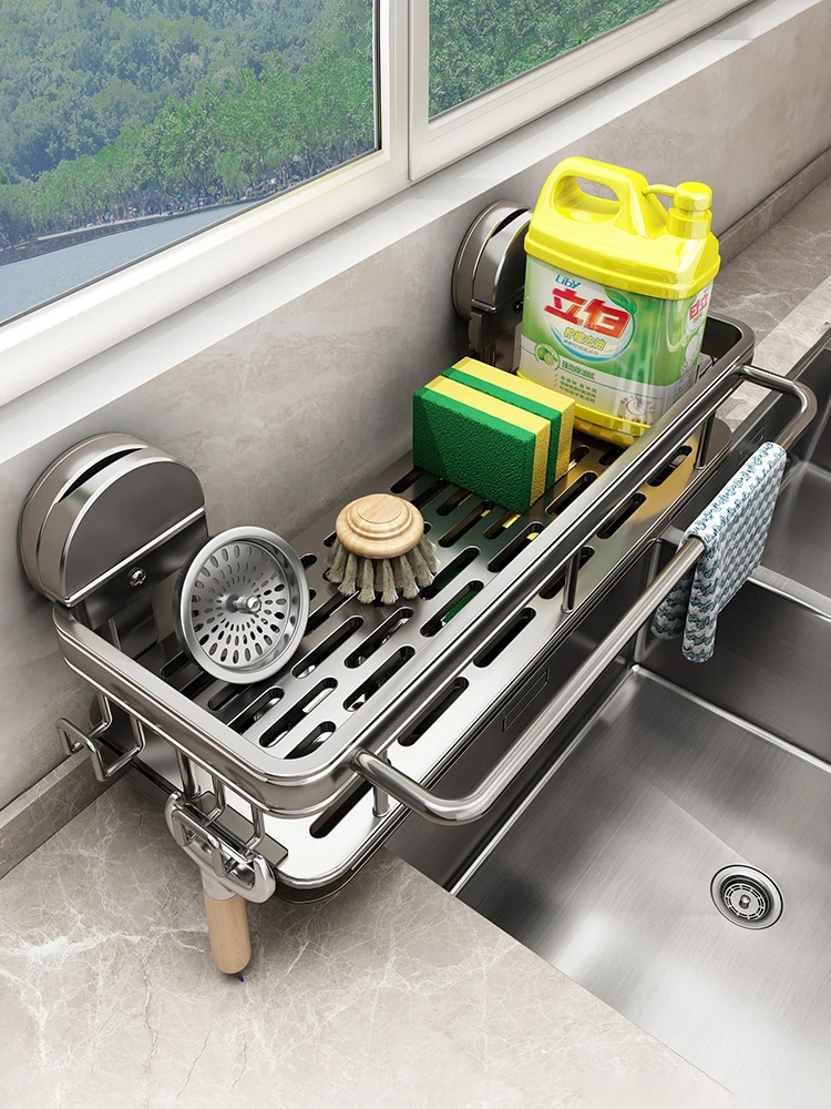 Kitchen Sink Dishcloth Holder Multifunctional Wall Mounted Drain Sponge Storage Rack Faucet Dishwashing Utensil Organization