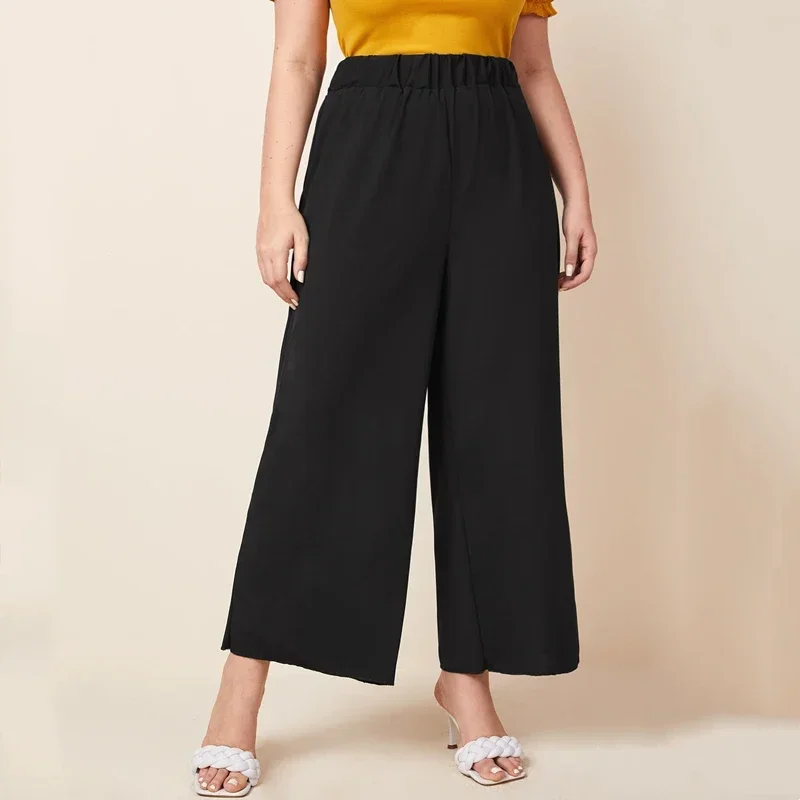 Plus Size Elastic Waist Summer Elegant Wide Leg Pants Solid Black Lettuce Trim Loose Casual Straight Pants Trousers Bottoms 6XL