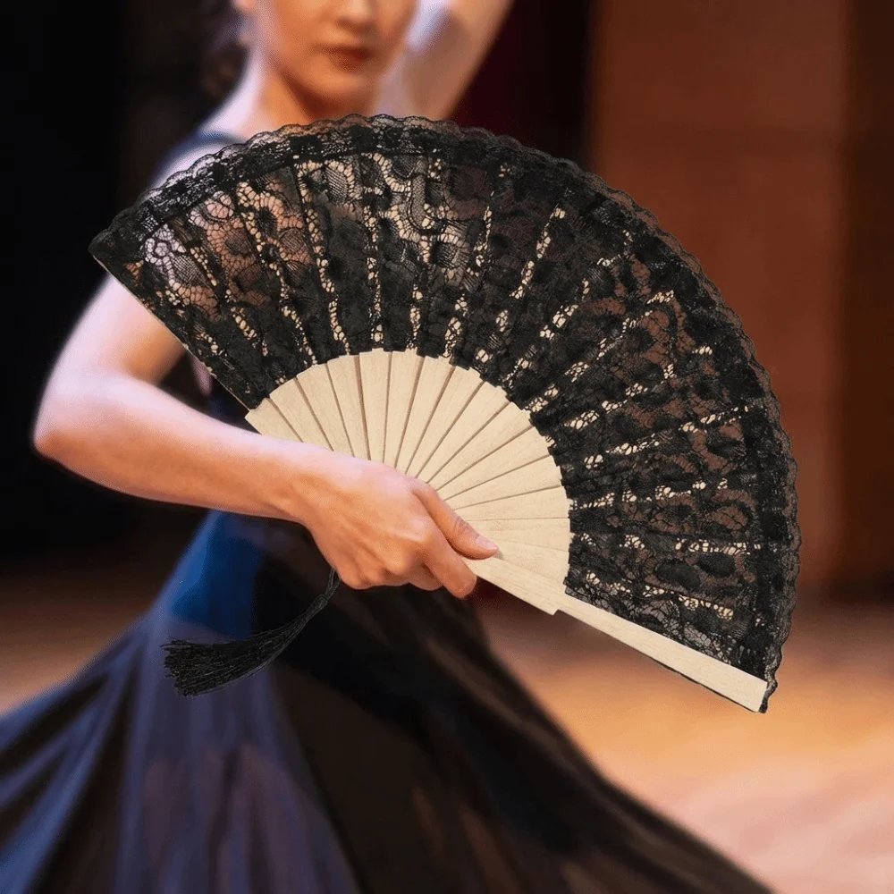 Vintage Lace Trim Folding Fan Lightweight with Tassels Dance Fan Decorative Handheld Hollowed-Out Fan Artistic Performances