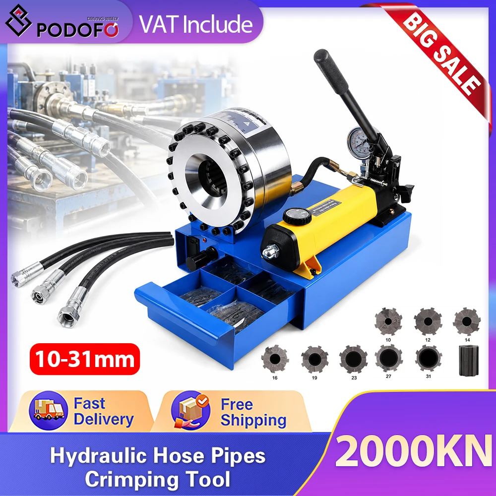Podofo Hydraulic Hose Crimping Machine Manual Crimping Tool High Pressure Oil Pipe Explosion-proof Pipe Brake with 10/12/14/16/19/23/27/31Mm Molds Brake Hose Explosion-Proof Tool, Cables, Oil, Gas,
