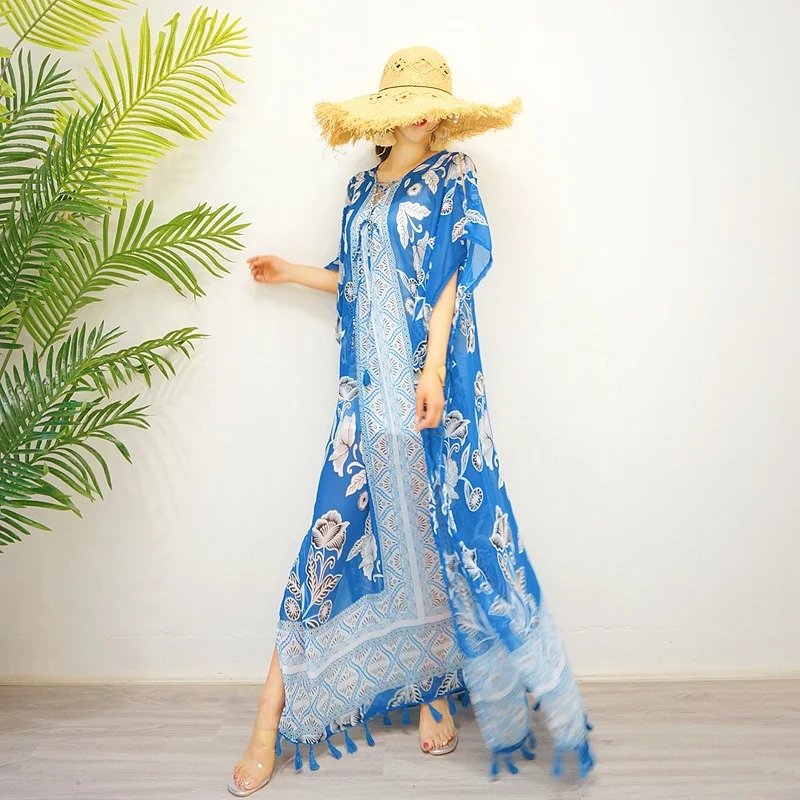 

New Bohemian Tassel Maxi Dress Chiffon Sanya Hawaii Seaside Holiday Beach Vestido V Neck Plus Size Women Floral Muslim Kaftan