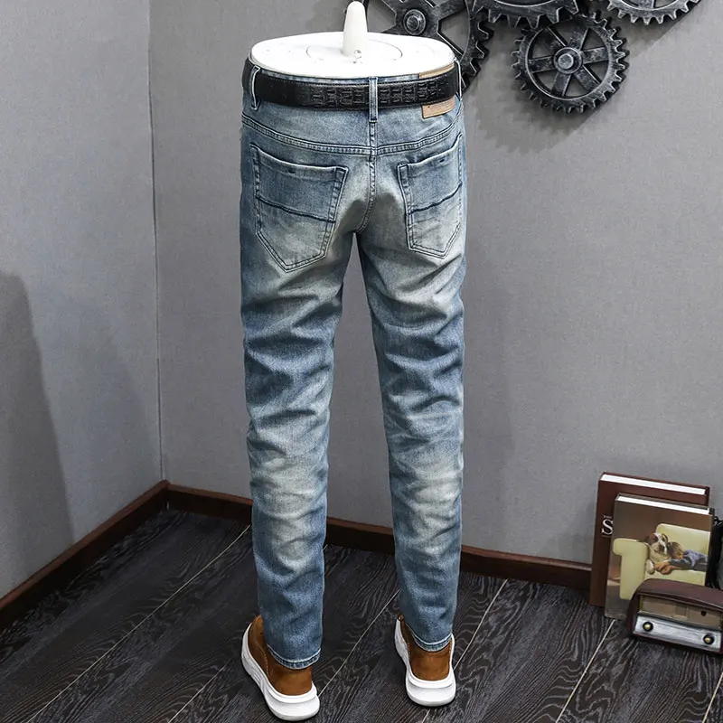 Modedesigner Männer Jeans hochwertige Retro gewaschen blau Stretch Slim Fit zerrissene Jeans Männer italienische Vintage Jeans hose Hombre