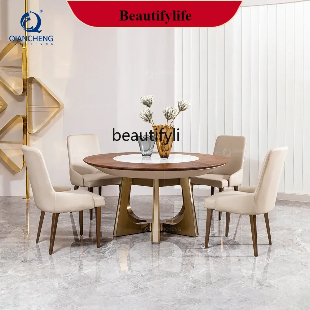 

G1218 Italian light luxury dining table high-end dining table designer embedded rotatable walnut round dining table