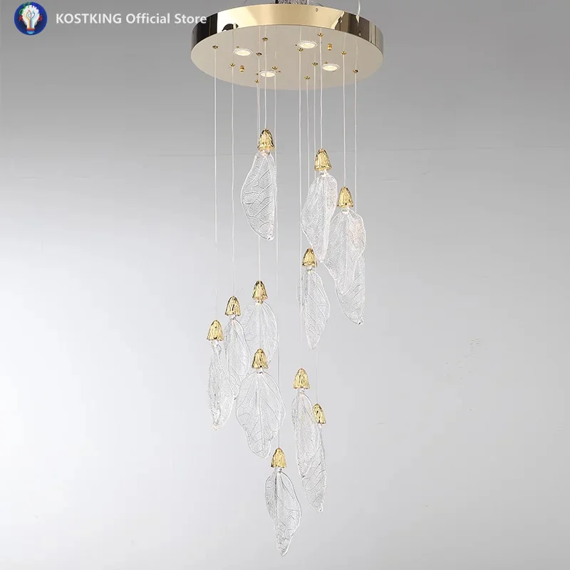 Decorative Modern Acrylic Leaf LED Chandelier For Staircase Living Room Bedroom Home Interior Lighting Hanging Lamp